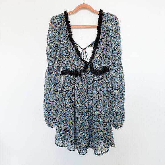 Free People Pennie Babydoll Floral Sheer‎ Mini Dress Black Size M Fairy Grunge - Picture 3 of 11